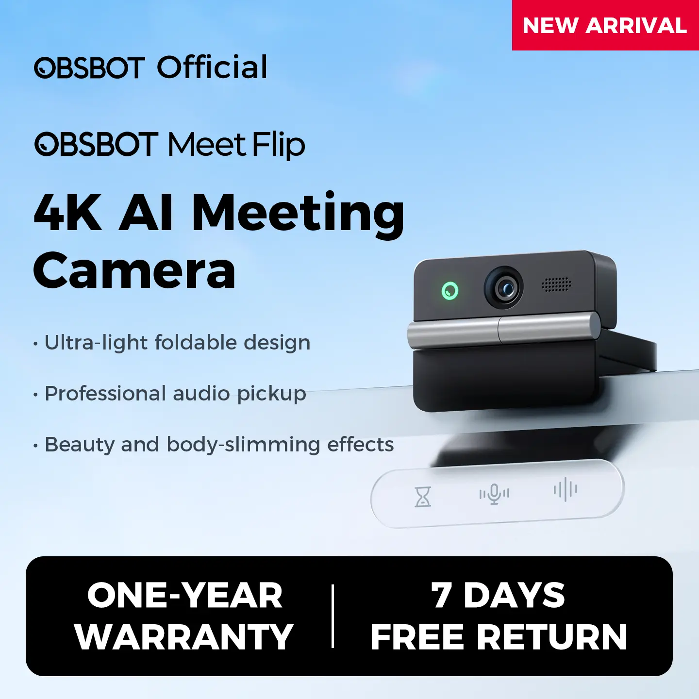 OBSBOT Meet Flip 4K 60fps Foldable Webcam AI Auto Framing PDAF Focus Dual Mic HDR for Zoom Meeting Streaming WFH