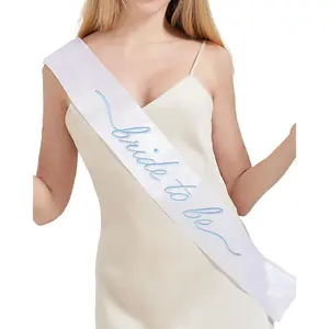 Embroidered Bride to Be Embroidered Sash White & Light Blue, Bride Sash for Bridal Party Accessory