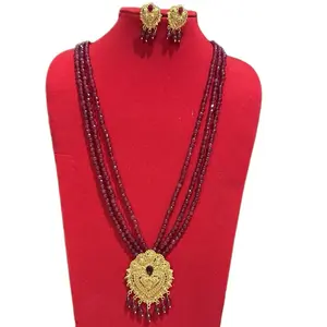 Traditional Nepali Necklace with Matching Earrings - Red Beaded Design and Gold Pendant