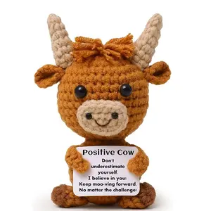 Mini Funny Highland Cow Crochet Gifts, Knitted Wool Cow Toy with Positive Card - Creative Cute Crochet Doll Emotional Support Cheer Up Keepsake Gift for Friends, Women, Student, Christmas (Cow)