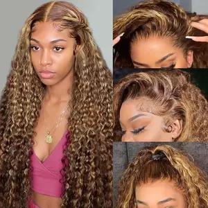 VKORun 13x6 4/27 Highlight Deep Wave Lace Front Wigs Human Hair Ombre Colored HD Transparent Deep Curly Lace Frontal Wigs Pre Plucked with Baby Hair for Women Natural Hairline