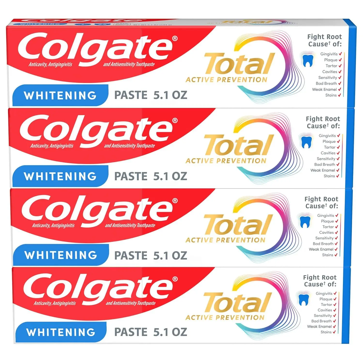 Colgate Total Whitening Toothpaste with Fluoride, Bulk 4 Pack, 5.1 oz – 5.1 Fl Oz (Pack of 4)