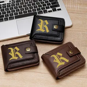 Stylish Gold Letter K Initial Pattern Black Leather Wallet Zipper Closure Compact Design Practical Everyday Use Business Casual Accessories Suitable for Men Gifting on Christmas New Year Valentines Day Fathers Day and Special Occasions