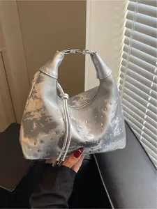 Mini Dumpling Bag with Water Diamond Decoration | Soft silhouette+Water Diamond embellishment+Metal buckle design, can be carried by hand or under the armpit, can be carried for daily commuting, dating, and parties, with a sweet and cool atmosphere, whoev