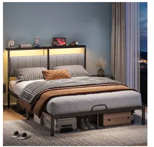 Queen Size Platform Bed Frame with 2 USB Ports & Upholstered Headboard Mattress Slide Stopper with LED Lights, Noise Free,Grey