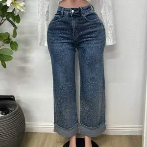 Denim Blue Jeans Adorned with Rhinestones & Jean Cuffs Womenswear Bottom