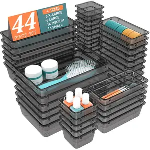 44 PCS Clear Plastic Drawer Organizer Set, 4 Varied Size storage Bins and Desk Drawer Organizer tool Trays for Makeup, Gadgets, Jewelry and Utensils in Bathroom, Bedroom and Office, Clear Black
