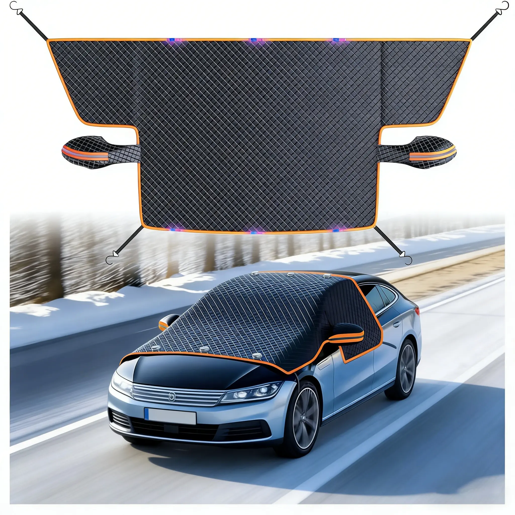 Windshield Frost Protector Cover Magnetic Fit, Windshield Covers for Snow and Ice, 4 Straps and 6 Magnets for Car SUV CRV Trucks (Large)
