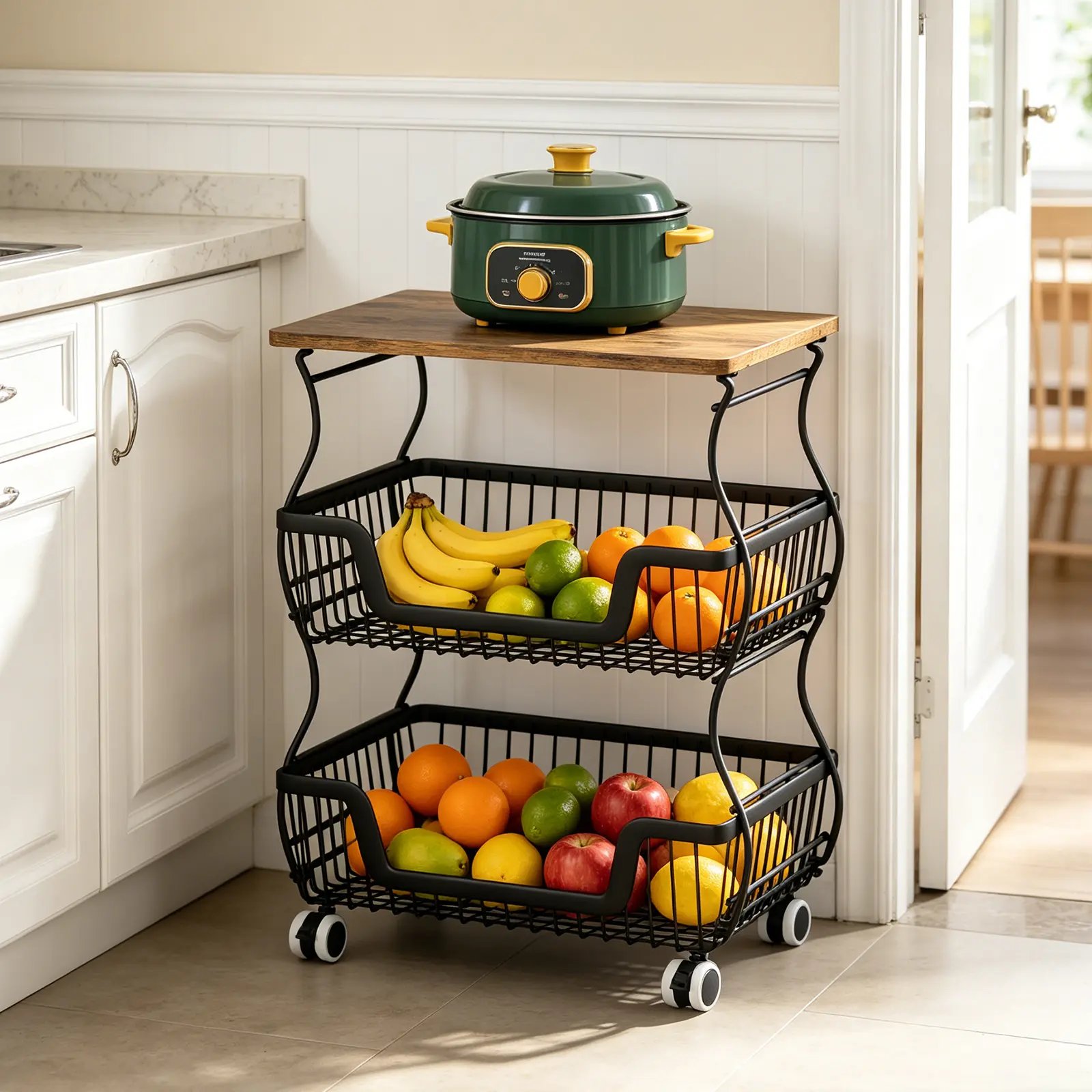 3-Tier Industrial Wire Storage Cart with Wheels & Wood Top - Smooth Household Kitchen Organizer Rack for Fruits, Vegetables, Onions, Potatoes