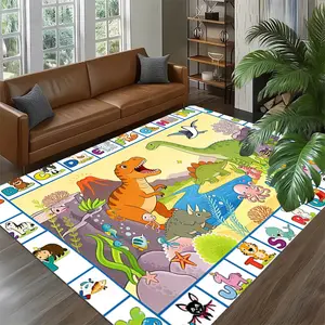 large hit flannel carpet, cartoon illustration of dinosaur theme. Living room carpet, modern home decoration carpet for foyer, bedroom, and game room