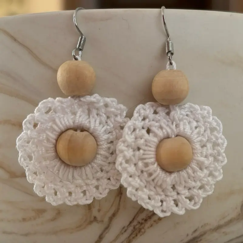Micro Crochet and Beaded Earrings with Wooden Beads White Floral Design Elegant Accessory