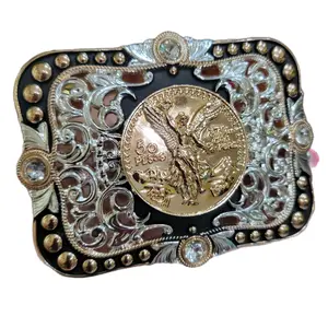 Centenario Belt Buckle Faux Mexican Peso Design with Central Emblem, Rectangular Style, and Decorative Elements, Unisex, Metal, 4.5 x 3.5 Inches