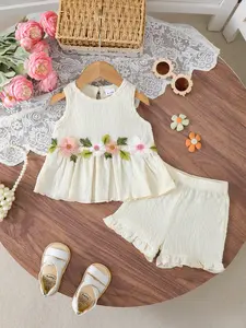 Cute Baby Girl Cream Color Set, Short Sleeve Round Neck Floral Embroidery Ruffle Hem Top, Elastic Waist Shorts, 6-36m Fashion, Baby Clothing