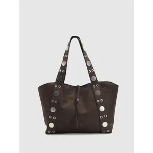 URBAN REVIVO 2026 Spring Women's Vintage Velvet Studded Tote Shoulder Bag UAWB60005