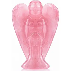 2" Rose Quartz Angel Decor Healing Crystals Polished Natural Stone Sculpture Statue Hand Carved Cute Figurines Energy Reiki Pink Home Room Office Desk Decoration Guardian Gifts for Women Men