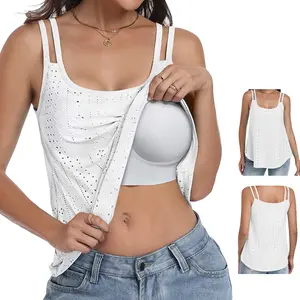 SeSe Code Women's Seamless U-Neck Camisole Double Thin Spaghetti Strap Summer Top with Removable Pads