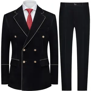 MOGU Men's 2 Piece Velvet Suit Double Breasted Tuxedo Slim Fit Set Gold Buttons Suits Party Casual Formal