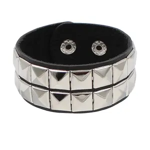 Leather Punk Spike Rock Studded Bracelet Goth Cuff Bracelet Gothic Rivet Buckle Wristband With Metal Chain Skull Accessories