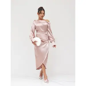 Cider Satin Asymmetrical Neck Ruched Split Maxi Dress