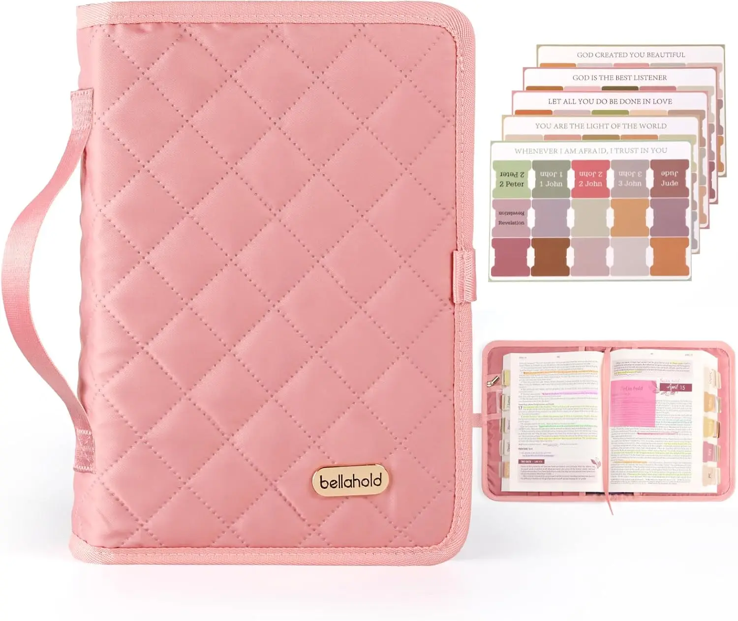 BellaHold Adjustable Bible Cover with 75 Bible Tabs - Bible Cover Case for Women，Waterproof, Washable Quilted Bible Case，Reusable Christian Gifts for Women (Pink, M)