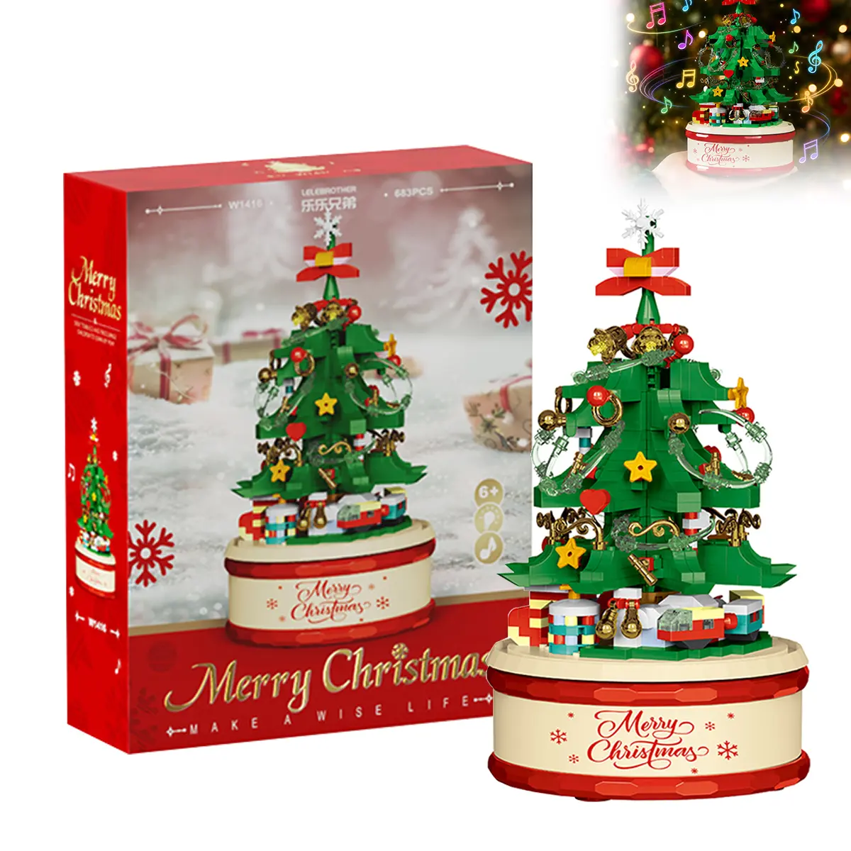 683PCS Rotating Christmas Tree Building Block Music Box, Green Xmas Decor Bricks, Holiday Gift for All Ages