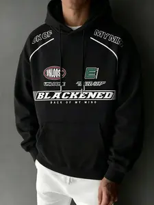 American racing-style printed hoodie — streetwear brand, oversized loose fit for autumn/winter, unisex top