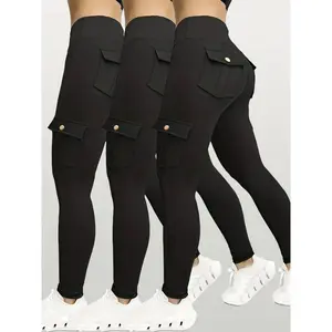 3pcs Women's High-Waisted Yoga Pants with Hip Lift & Pockets - 90% Polyester 10% Elastane Stretchy Workout Leggings Sports Bottoms Pilates Outfits