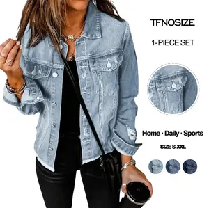 TFNOSIZE Women's Jean Jackets chic casual boho Stretch Boyfriend Washed Coats Distressed Ripped Lapel Long Sleeve Denim Outwear Tops 2026 Spring Chic Everyday Fashion