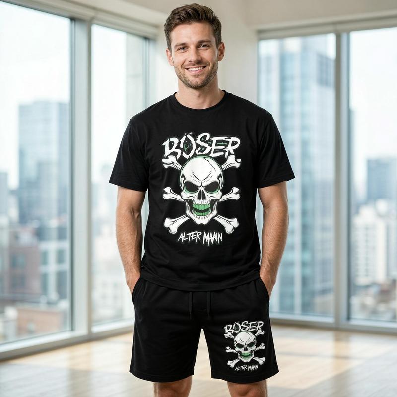Men's 2-Piece Stylish Matching T-Shirt and Shorts Set, Oversized Crew Neck Short Sleeve Menswear with Punk Skull Graphic for Casual Streetwear