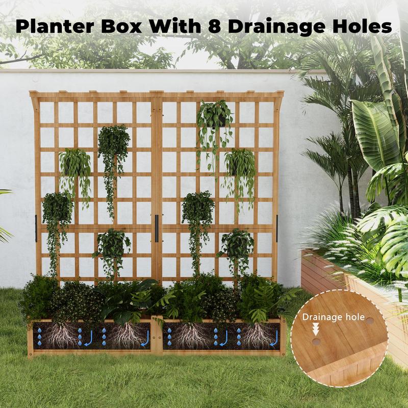 Two-Tier Wooden Planter Box with Trellis for Outdoor Gardens, Elevated Raised Bed for Flowers and Vegetables, 1.4 ft Deep Planter with Hanging Roof