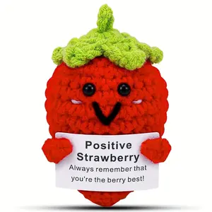Handmade Positive Strawberry Gift Set, Crochet Doll Inspirational Gift with Card, Cute Knitted Fun Support Strawberry Doll Christmas New Year Party Table Decor