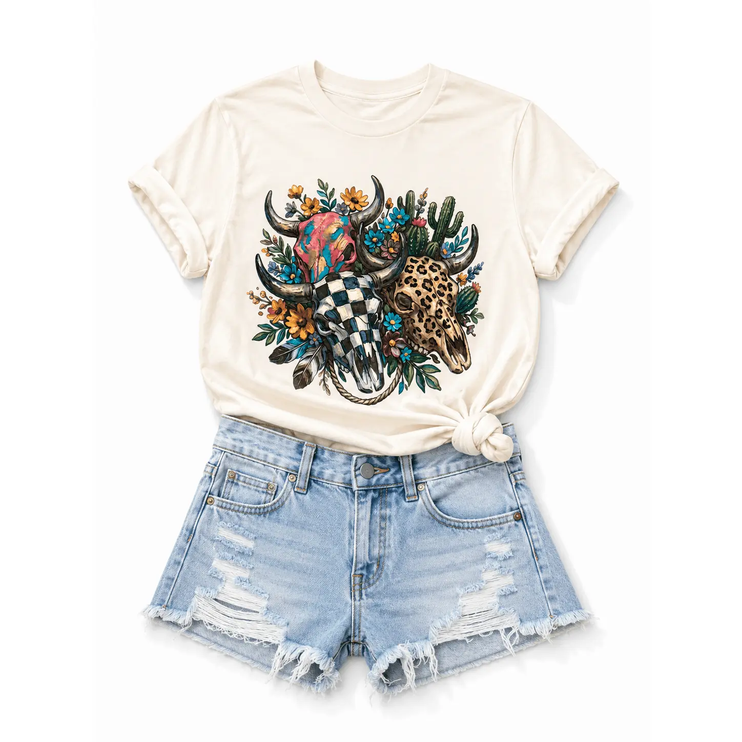 Plus/Reg Short Sleeve Multi Pattern Cow Skulls Western Graphic Tee