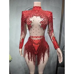 Gold Silver Sequins Tassel Elastic Bodysuit Sex)Pole Latin Dance Stage Wear Nightclub  DJSinger Dancer Performance Costume  Q025