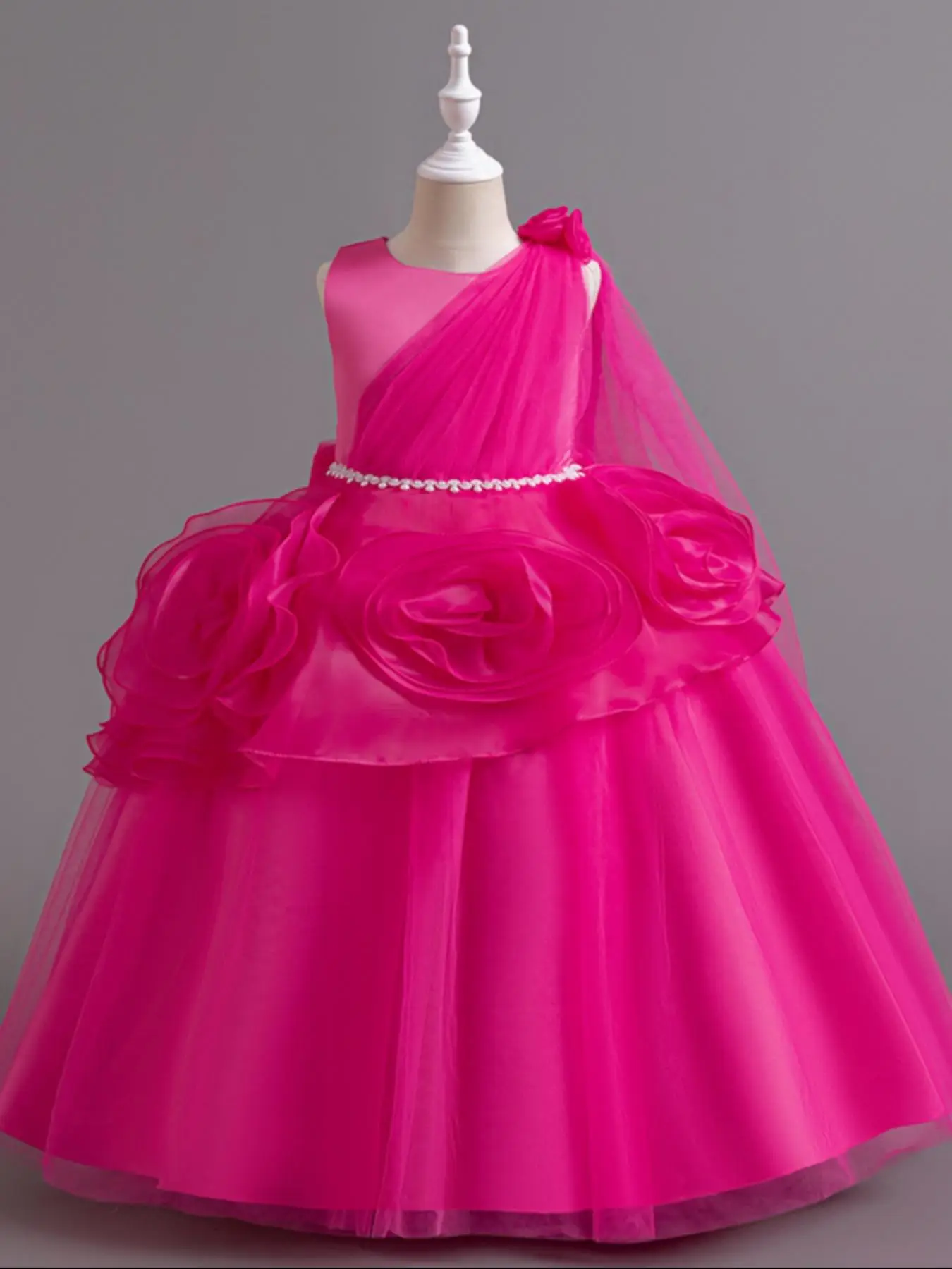 Girl's Faux Pearls & Floral Decor Streamer Design Tiered Layer Hem Tulle Formal Dress, Elegant Sleeveless Zipper Back Round Neck A Line Dress for Part