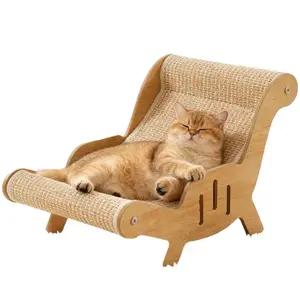 Model A Wooden Sisal Cat Lounge Chair, Ergonomic Curved Cat Bed & Scratcher, Anti‑Tip Stable Cat Lounger For Indoor Cats, All‑Season Cat Rest Furniture