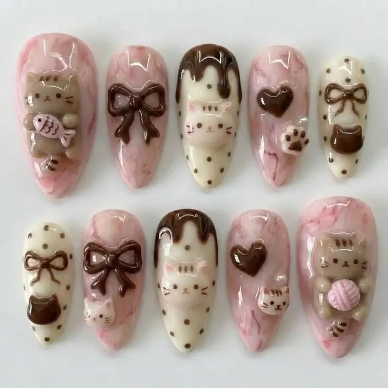 Cute Kawaii Cat Pink Marble And Choco Press On Nails Sweet Coquette 3D Sculpted Bows Paw Prints