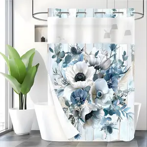 LVRLVR 1pc Farmhouse Blue Floral Shower Curtain with Sheer Top Window, Detachable Liner & No Hook C-Ring, 70.8" x 74"