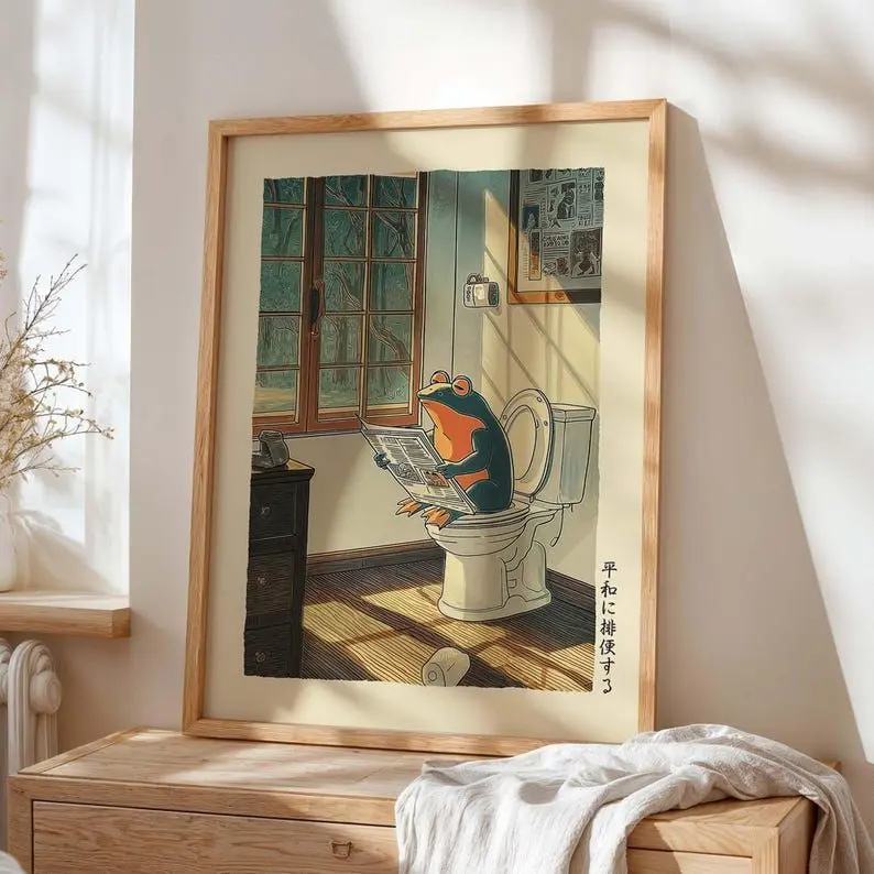 [SALE UP TO 50% + FREE SHIP] Funny Pooping Frog Bathroom Art Print, Toilet Reading Poster, Japanese Retro Ukiyo-e Wall Decor, Whimsical Restroom Humor Gift