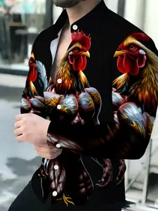 Men's summer long sleeve shirt fashion casual muscular rooster print button shirt