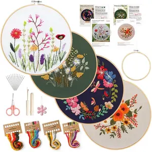 4 Pack Embroidery kit for Beginners Adults DIY Starter Kit, Cross Stitch Kits with Flower Stamped Patterns, Embroidery Hoop, Tools,Colorful Threads,Step by Step Instructions,Hand Craft Lover Gift