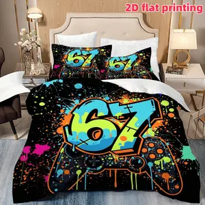 2D Flat 3Pcs Funky Graffiti 67 Gaming, Black Gamer Bedroom Bedding Set with Neon Splatter Art, Soft Microfiber Quilt (1 Cover+2 Pillowcases, Unfilled)-for Room Decor, Adults' Bedroom.