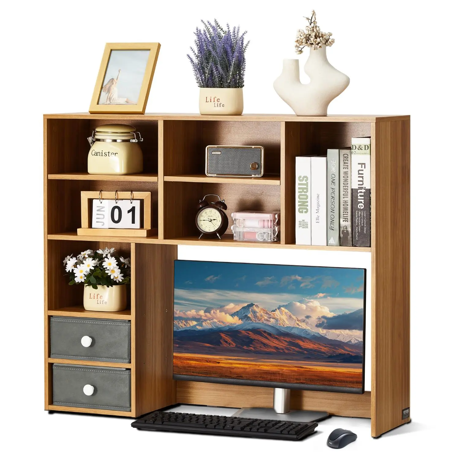 VEVOR Desktop Bookshelf,  3-Tier Wood Desktop Storage Organizer, 37" x 10" x 31.1" Office Storage Rack Wood Display Shelf, Desktop Bookshelf Hutch with Two Fabric Drawers, for Office, Home & Dorm