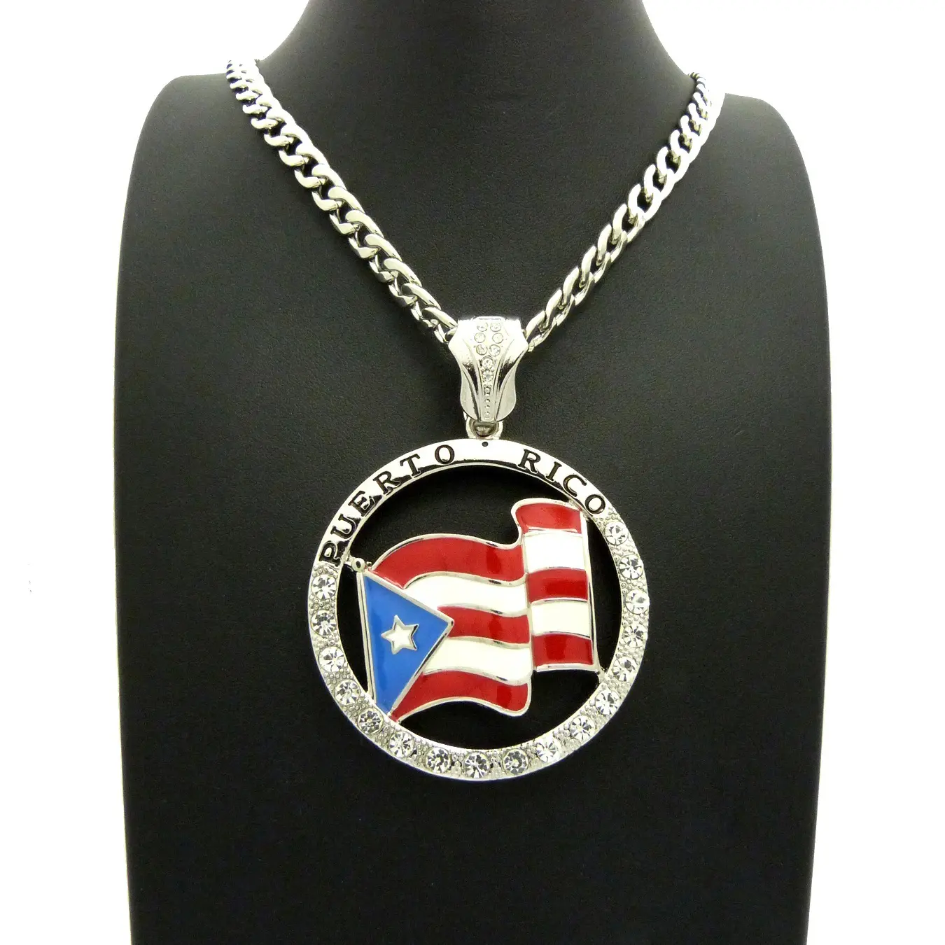 MaxBling81 Men's Gold/Silver Plated Puerto Rico Flag CZ Medal Pendant with 6mm Rhinestone Cuban Link Chain Necklace, 20/24/30in, Exquisite Chain Jewelry, Fashionable/Trendy Jewelry Accessories, Hip Hop Daily Wear Statement Necklace, Fashionable Jewelry Ac