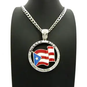 Men's Gold / Silver Plated PUERTO RICO FLAG Medal CZ Pendant & 6mm 20" 24" 30" Cuban Chain Hip Hop Style Necklace Jewelry