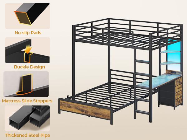 ADORNEVE Bunk Bed with Desk, Full Over Full Bunk Beds with Charging Station & Led Lights, 4 Storage Drawers & 2 Open Storage Shelves, Metal Loft Bed with Safety Guardrail & Ladder for Kids/Teen Bed Unit House Bunk Bed ADORNEVE Bunk Bed with Desk, Full Over Full Bunk Beds with Charging Station & Led Lights, 4 Storage Drawers & 2 Open Storage Shelves, Metal Loft Bed with Safety Guardrail & Ladder for Kids/Teen Bed Unit House Bunk Bed