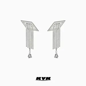 KVK Unisex Mesh Series Plug Earrings - Platinum Metal Coating, Tassel Design, Star Symbol Accent