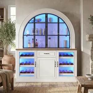 FUFU&GAGA Modern Tall Bar Cabinet with RGB LED Lights, Freestanding Home Liquor Cabinet with Wine Bottle Storage and Drawer
