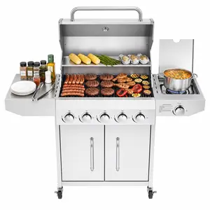 BESTFIRE 68K/60K BTU Propane Gas Grill – 4/5 Burner Configuration, Porcelain Cast Iron Cooking Grates, Patio Cart-Style Design with Mobility, for Backyard BBQ, Outdoor Cooking & Family Party
