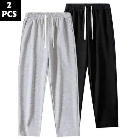 Men's 2 Pcs Plain Polyester Knitting Athletic Bottoms - Loose Jogger Pants, Drawstring, Athleisure Style, Perfect Fit, Commuteready for Daily Commuting & Home Leisure (Gray & Black Match)