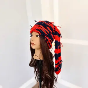 Striped GrungeBun Beanies - Crochet Knit Handmade Distressed Bunny Beanie for Cozy Warmth and Style